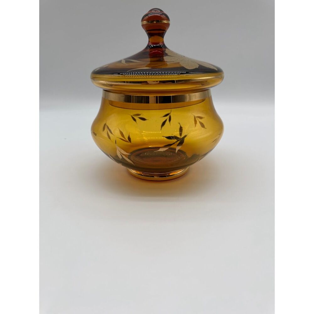 Romania Amber Candy Dish Bowl Gold Flowers Bands 7 1/4"